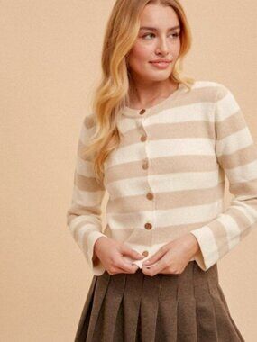 HEM & THREAD Striped Button Down Long Sleeve Cardigan Beige and Cream NWT
